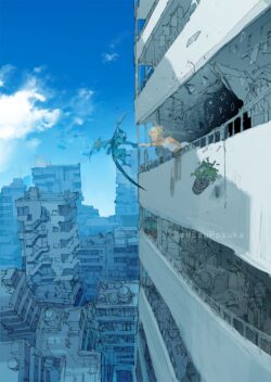 city buildings balcony dragon flying girl blue sky urban fantasy modern architecture friendship illustration high rise meeting digital art