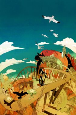 surreal abstract seagulls sky high perspective creative art birds flying colorful whimsical dream staircase freedom modern art