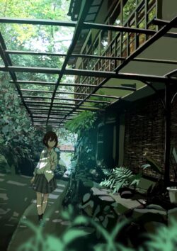 anime girl school uniform summer vibes greenery garden sunlight shadows peaceful scenery slice of life japanese style nature forest nostalgia aesthetic green
