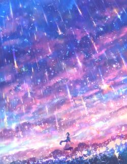 starry rain shooting stars meteor shower purple sky magical girl fantasy landscape sparkling night cosmic energy dreamy universe shining horizon vibrant
