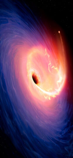 supermassive black hole cosmic art vibrant colors accretion disk deep space galaxy core interstellar dust red and purple astronomy illustration stellar phenomena gravitational distortion singularity