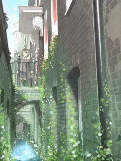 alleyway bricks ivy plants balcony cat girl hidden street architecture foliage nature gentle peaceful european style watercolor
