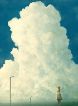 Girl under giant cloud vast blue sky surreal scale landscape fluffy white cloud column lonely figure art dreamy pastel colors road and streetlights soft diffused light anime cloudscape sense of wonder and awe m