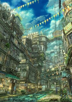 cityscape anime scifi overgrown buildings urban street fantasy digital art greenery detailed cyberpunk slums vibrant