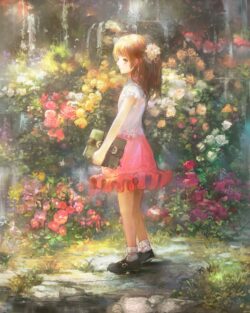 girl garden flowers roses vintage dreamy painting fairytale nature spring soft lighting artistic floral book reading innocence