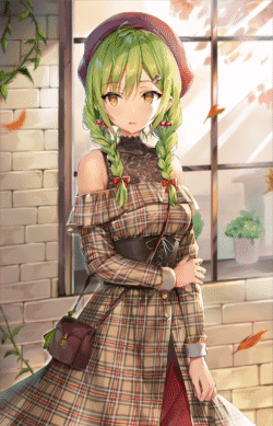 anime girl green hair braids brown beret plaid dress corset belt off shoulder autumn leaves brick wall window warm colors elegant cherry earrings detailed