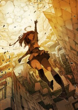 girl floating falling cityscape yellow goldentone digitalart urban schooluniform action dramatic abstract sunlight motion