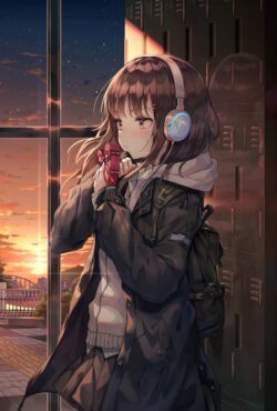 animegirl headphones gift sunset cityscape illustration sad moody schoolgirl winter jacket digitalart mystery window