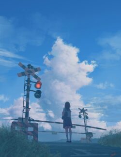 schoolgirl railroad crossing sky clouds japan traffic signal illustration summer waiting rural
