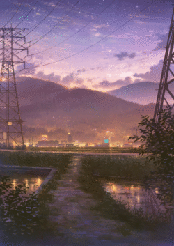 powerlines pylon field mountain citylights night digitalart urban rural glow stars dusk dramatic nostalgia