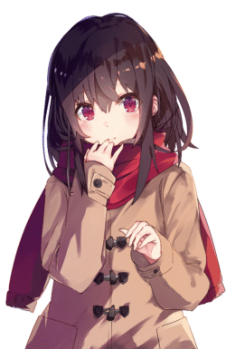 anime girl winter outfit coat red scarf brown hair purple eyes blushing shy cute soft lighting portrait winter fashion moe sparkling eyes