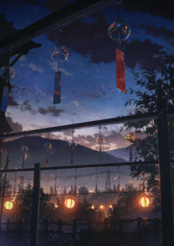japanese wind chimes furin night view lanterns summer festival mountain silhouette twilight city lights stars peaceful evening traditional culture relaxing