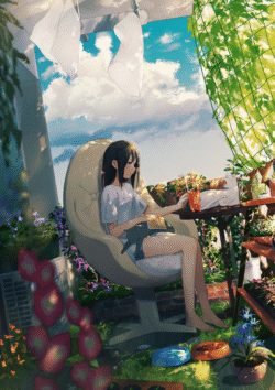 lazy afternoon anime girl reading cat balcony garden sunlight summer vibes relaxing home plants iced tea cozy atmosphere peaceful life