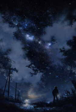 7450091ec86e51d4f0c0099a878acddd2c2449f72777b4a2f038fd6d048f3e3a starry night sky milky way clouds person silhouette lonely fantasy digital art astronomy dark ethereal power poles rural road