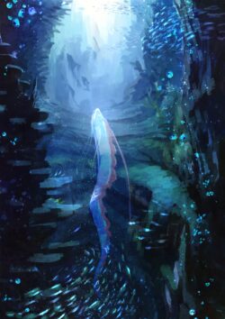 underwater deep sea giant fish glowing light ocean abyss blue water marine life surreal fantasy serene aquatic world ethereal bubbles diving