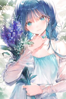 blue hair green eyes flowers hydrangea spring soft lighting transparent dress delicate girl beautiful illustration blue theme portrait sparkling