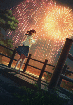 girl fireworks summer festival night bridge schooluniform anime digitalart celebration yukata sky happy nostalgia explosions