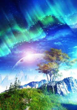 aurora borealis northern lights planet mountain grassland nature fantasy world space nebula vibrant scenery mystical adventure