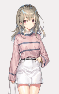 anime girl long hair braid brown hair pink sweater striped shirt white skirt belt hand in pocket blushing cute casual wear simple background illustration