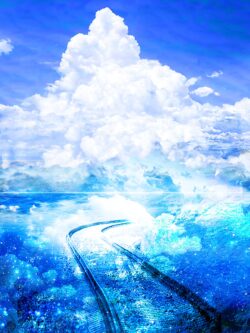 Train tracks on water magical blue ocean massive white cumulus cloud surreal railway journey sky and sea fusion bright sparkling light fantasy landscape vibrant impossible rail line digital painting blue dream w