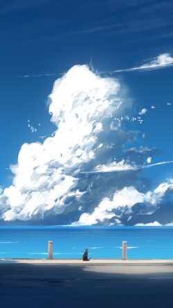 Cat watching ocean fluffy white cloud bright blue sky summer seaside view minimalist anime landscape peaceful scene gulls flying seawall and bollards horizon line calm water vastness serenity Japanese illustr