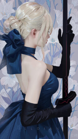 An elegant illustration of a blonde woman in a blue dress and black gloves, holding a modern black sword against a floral background. A digital illustration of a blonde woman in a blue dress and large blue bow, holding a black sword, seen from behind.