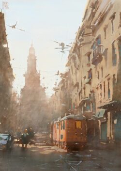 european street cityscape tram vintage urban watercolor painting warm light cathedral architecture city travel scenic artistic sketch