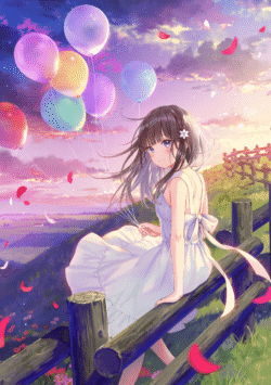 girl balloons sunset field fence digitalart flowers pastel dreamy summer nostalgia happy cute romantic