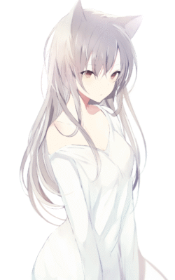 anime girl cat ears nekomimi long hair silver hair white dress off shoulder simple background ethereal soft colors elegant tranquil minimalist fantasy character