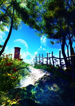 nature fantasy garden flowers moon forest dreamy pathway vibrant summer magical scenery peaceful outdoor illustration