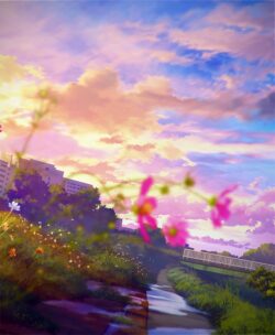 sunset pink clouds flower field river peaceful evening nature scenery dreamy landscape soft lighting tranquil horizon scenic beauty wallpaper