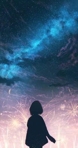 Girl watching fireworks Milky Way starry night blue and pink nebula sky fireworks display silhouette sparkler in hand new year's eve celebration emotional anime fantasy cosmic sky background vibrant light show d