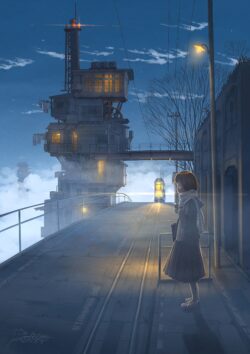 train station platform dusk cityscape steampunk industrial urban solitude waiting twilight futuristic moody blue lifestyle