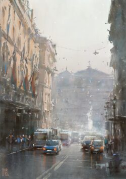 wet city street rainy day cars traffic urban watercolor foggy hazy moody cityscape architecture digital painting artistic blue tones