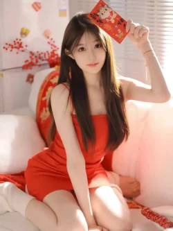 asianwoman newyear reddress envelope springfestival chinese holiday celebration beauty portrait indoor happy festive culture tradition