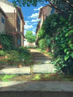 japan alley street garden summer plants sunlight peaceful neighborhood scenery outdoors greenery urban tranquil ghibli