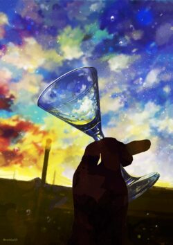 wine glass hand silhouette colorful sky sunset clouds reflection vibrant fantasy illustration dreamlike moody yellow blue red