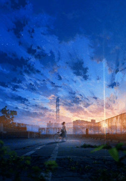 girl bicycle rooftop sunset nightsky stars digitalart schooluniform urban powerlines nostalgia dreamy fence alone