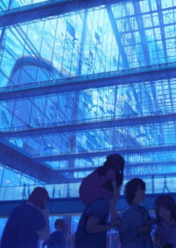 aquarium giant tank whale fish blue water futuristic modern architecture people silhouettes underwater city vibrant illustration deep sea