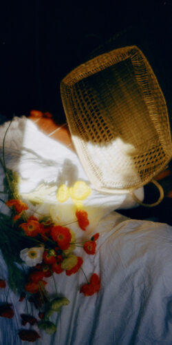 still life poppy flowers basket white fabric dark moody yellow orange red summer artistic vintage bedroom natural light floral