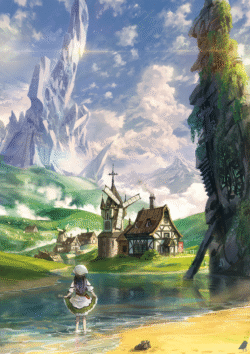 fantasy village windmill girl river giant structure digitalart meadow sky clouds rural epic scenery rpg