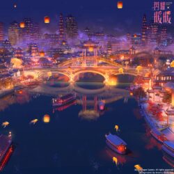 lantern festival ancient china river boats night city water reflection traditional architecture glowing goldfish fantasy town festive shining nikki game background