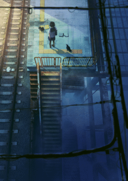 trainstation platform girl birds crow highangle digitalart urban nostalgia schoolgirl gloomy mystery steps lonely train