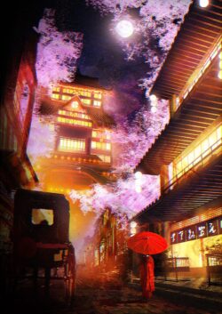 japanese night street temple lanterns red umbrella traditional japan glowing night market fantasy vibrant colors surreal culture digital art