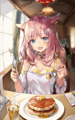 girl cat_ears pancakes breakfast syrup eating restaurant indoor pink_hair blue_eyes drink fork knife cute sweet