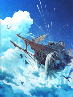 airship flying dragons clouds fantasy battle adventure blue sky skyship legendary creatures epic scale whimsical action concept art high altitude