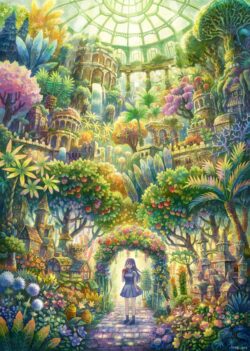 garden greenhouse plants nature fantasy architecture castle greenery flowers vibrant magical forest hidden world paradise detailed