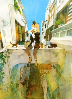 Girl eating with cats charming street view watercolor anime art colorful European alley casual city life cats everywhere illustration bright and cozy mood apartment balcony scene hand drawn digital style urban l