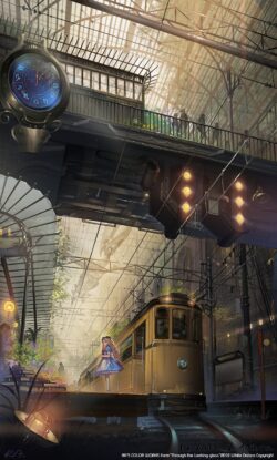 steampunk train station clock old trolley girl alice in wonderland overgrown vines retro future digital art fantasy vintage urban decay