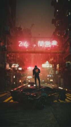 Standing above the chaos. The perpetual rain and the glow of the 24-hour neon sign define the night in this cyberpunk metropolis. A figure stands on the roof of a sleek, futuristic car in a neon-lit, rain-soaked cyberpunk city street. A large red neon sign in the background displays Japanese/Chinese characters that translate to "24-hour operation" or "24 hours."